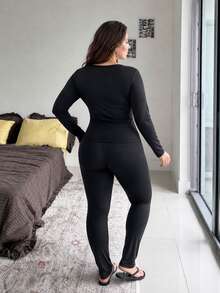 Dazy Plus Fashion Basic Slim Fit Thermal Lined Thickened Autumn/Winter Long Pants Loungewear Pajama Set - Black - View 2