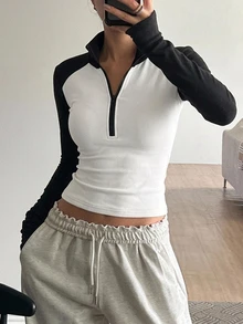 DAZY 女款假領半拉鍊撞色修身休閒套頭運動衫 秋冬保暖內裡 - 白色 - 查看 4