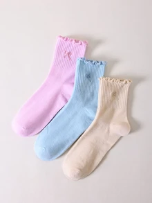 SHEIN 1/3 Pair Women's Mid-Calf Socks With Wood Frill Trim Bow Embroidery, Macaron Solid Color Vertical Stripe Socks, Sweet Girl Style Versatile Slouch Socks - Multicolor - View 2