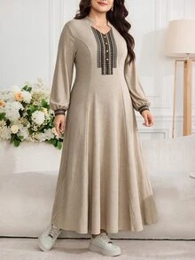 Al Najma Plus Size Women's Notched V-Neck Long Sleeve Print Patchwork Arabian Dress - Khaki - View 7