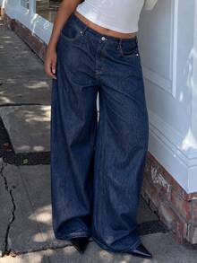 Dazy Plus Blogger Style Casual Wide Leg Long Denim Jeans All Season - Dark Wash - View 5