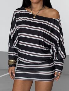 StreetHx Women's Street Vintage Striped Loose Design Asymmetrical Shoulder Dress, Suitable For Outings In Autumn/Winter, Store-Hopping And Street Wear - Multicolor - View 6