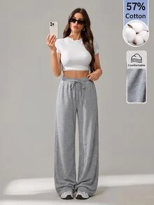 SHEIN Tall بنطال رياضي كاجوال نسائي بتصميم بسيط متعدد الاستخدامات بلون موحد مع خصر برباط وساق واسعة - رمادي - مشاهدة 7
