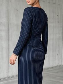 Feyla Women's Square Neck Striped Top And Striped Skirt Elegant Two Pieces Set - Navy Blue - View 6