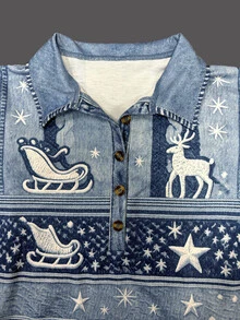 INAWLY SZ233 Blue Christmas Reindeer Collared Sweatshirt - Blue - View 4