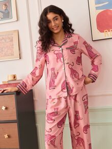Chillnights INS Animal Print Leopard Pattern Satin Open Front Long Sleeve Long Pants Pajama Set For Women, Autumn/Winter - Multicolor - View 4