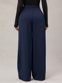SHEIN Tall CURVE 大尺碼女款高腰百褶寬腿褲 辦公商務黑色夏季休閒優雅 - 寶藍色 - 查看 2