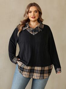 SHEIN CURVE+ Plus Size Women's Fashion Loose Colorblock Patchwork Faux Two-Piece Shirt - Black - View 4