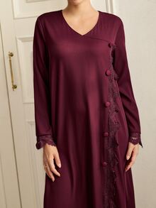 Graceveil Autumn Solid Color V-Neck Lace Patchwork Front Button Long Sleeve Loose Slimming Elegant Women's Dress - Burgundy - View 2