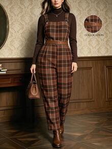 Auvina Plus Size Vintage Plaid Commuter Jumpsuit Fall - Burnt Orange - View 3