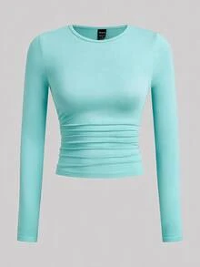 SHEIN EZwear 黑色卡其色深棕色白色針織女款圓領長袖抓皺緊身T恤 日常秋季極簡基礎簡約 - 彩色 - 查看 6