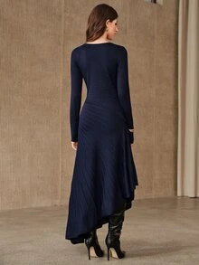 Anewsta Elegant Romantic Style Long Sleeve Women's Sweater Dress With Large Wavy Hem - Royal Blue - View 2