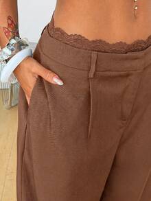 SHEIN Tall CURVE CURVE 大尺碼女款高個女孩純色抽繩腰斜口袋休閒寬腿百褶長褲，黑色，適合日常通勤、職場、辦公室 - 棕色 - 查看 6