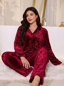 MuseNap CURVE Plus Size Long Sleeve Plaid Jacquard Velvet Pajama Set, Wearable As Outerwear - Burgundy - View 5