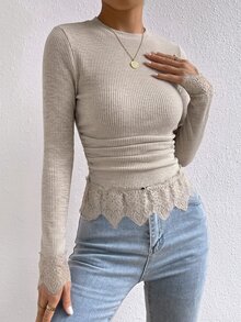 SHEIN Frenchy Kaos Lengan Panjang Wanita Kasual Musim Semi/Gugur Warna Polos Rajut Bergaris dengan Detail Renda Kontras dan Lipit, Potongan Slim Fit - Aprikot - View 4