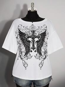 SHEIN ICON 大尺碼女款哥德風 90s Y2K 十字圖案 T恤 辦公穿搭 黑色 夏季 - 白色 - 查看 3