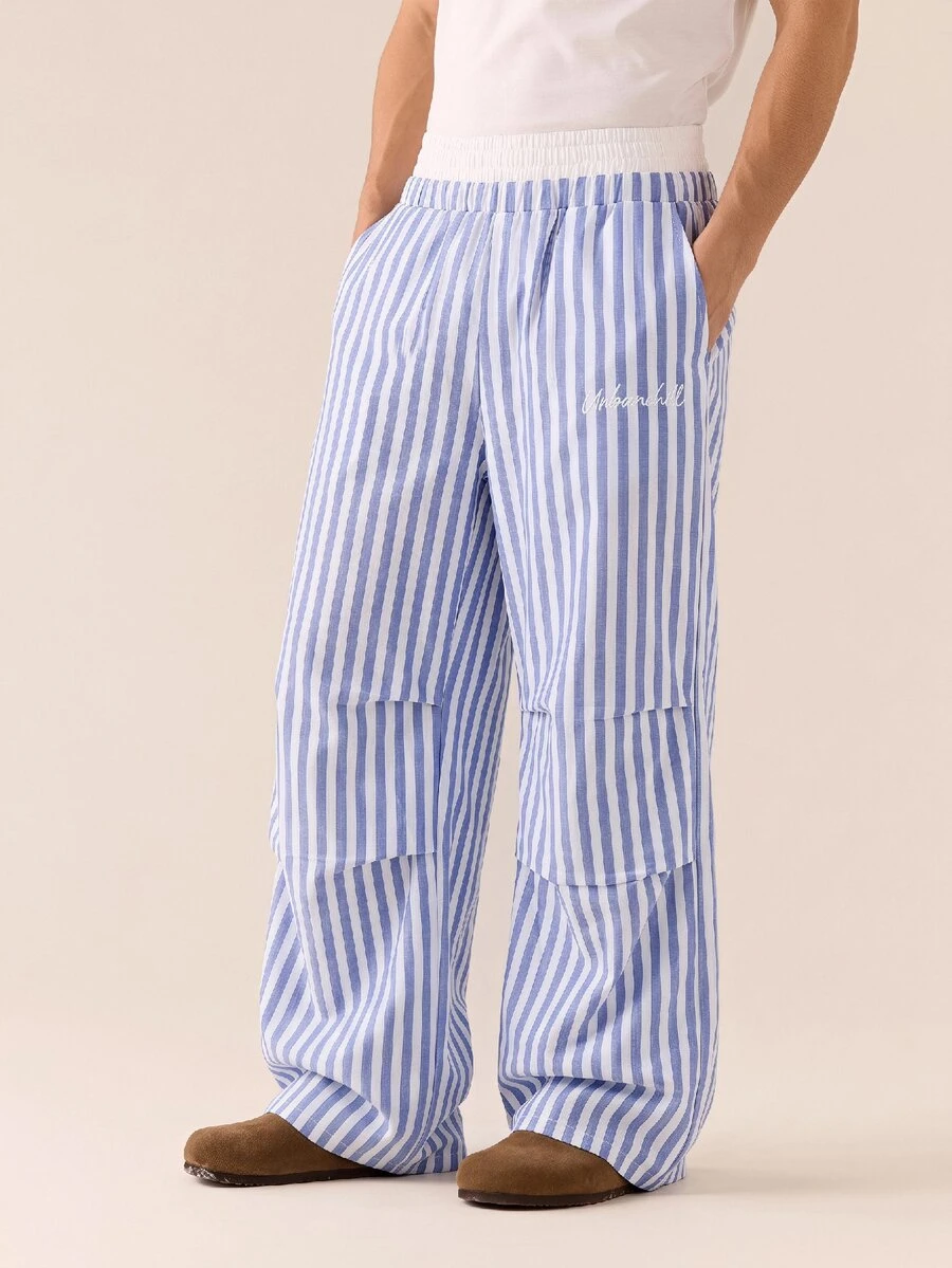 SWAVVY Men's Woven Fashion Casual Loose Striped Patchwork Waist Straight Leg Pants - Blue - View 1