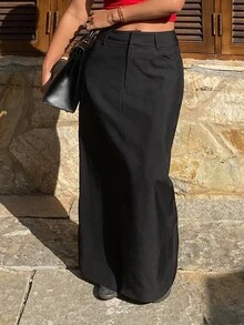 Dazy Plus Solid Color Fitted Long Skirt With Slit - Black - View 1