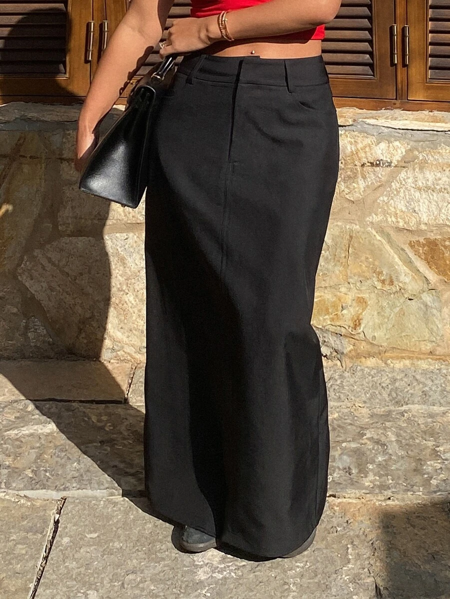 Dazy Plus Solid Color Fitted Long Skirt With Slit - Black - View 1