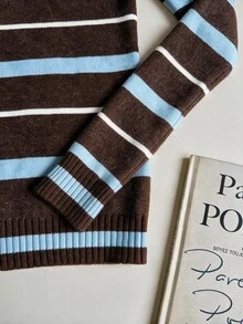 Ellevyn Striped High Neck Thermal Lined Long Sleeve T-Shirt - Coffee Brown - View 4