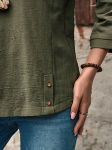 EMERY ROSE Ladies' Simple Solid Color Long Sleeve Linen Casual Shirt,Long Sleeve Tops - Army Green - View 7