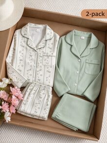 女童睡衣，花卉印花長袖上衣與長褲2件式休閒居家服套裝，適合前青春期女孩，秋冬款 - 杏色 - 查看 6