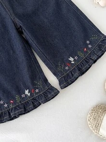 LMoss Kids بنطلون جينز دنيم لطيف للبنات الصغيرات بخصر مطاطي وجيوب وأطراف مطوية بنقشة زهور - أزرق داكن - مشاهدة 8
