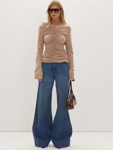 MUSEYN Nude Jersey Ruched Flared Sleeve Top Versatile Everyday Casual Chic New Season Fall - Khaki - View 2