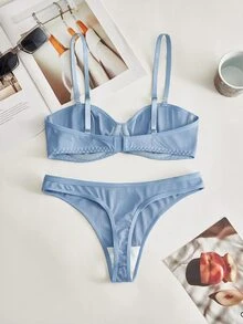Lowkey Lull 2pcs Set Underwire 1/2 Cup Lift & Gather Minimalist Comfortable High Elasticity High Support Women's Bra Set - Blue - View 2