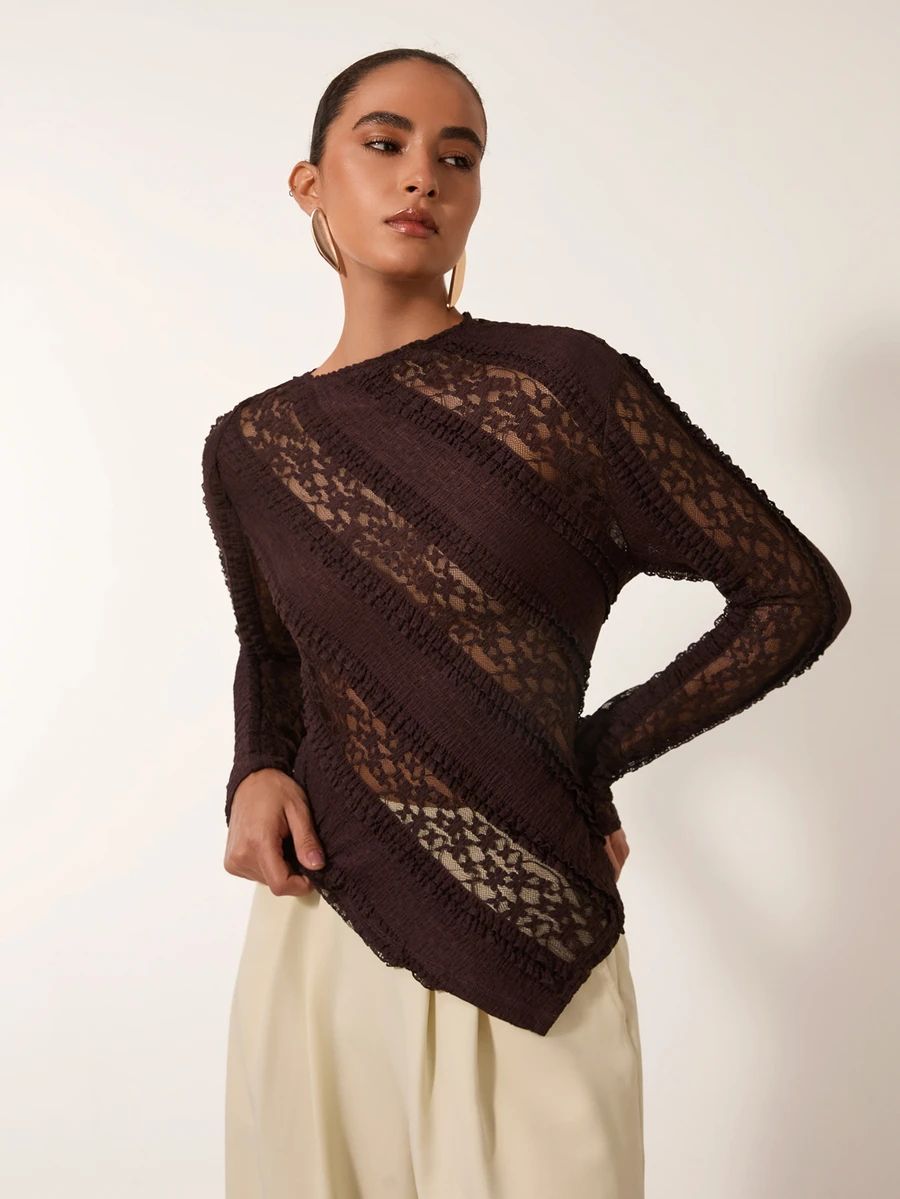 MERLEAU Women's Modern Brown Knit Lace Top - Brown - View 1