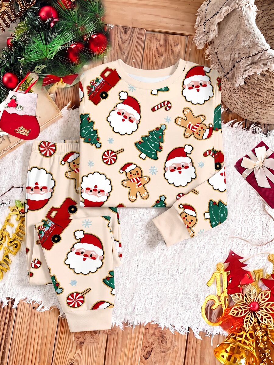 Young Boy Classic Casual Long Sleeve Long Pants Snug Fit Loungewear, Classic Christmas Pattern Print, Classic Christmas Deer Pattern Print, Classic Santa Claus Pattern Print, Christmas Gift Pattern Print, Cartoon Christmas Tree Pattern Print, Classic Christmas Snowflake Pattern Print, Suitable For Autumn/Winter, Suitable For Christmas - Multicolor - View 1