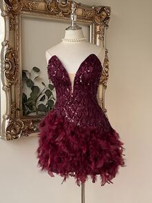 Lovelzi 優雅酒紅色亮片刺繡羽毛流蘇抹胸心形領緊身胸衣 A 字短版迷你舞會返校日雞尾酒正式晚禮服 - 酒紅色 - 查看 5