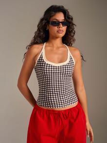Athîral Women Contrast Trim Gingham Racerback Tank Top Scoop Neck Sleeveless Slim Fit Activewear Yoga Gym - Black and White - View 1