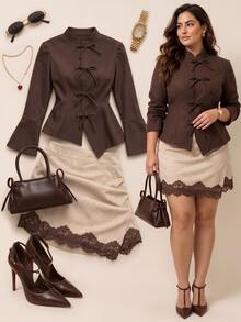 Grovea Women's Plus Size Solid Color Casual Versatile Everyday Shirt - Coffee Brown - View 8