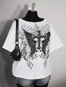 SHEIN ICON 大尺碼女款哥德風 90s Y2K 十字圖案 T恤 辦公穿搭 黑色 夏季 - 白色 - 查看 5