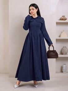 Veilorie Women's Autumn/Winter Casual Front Button Cinched Waist Long Dress - Navy Blue - View 1