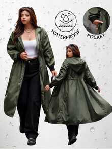 Easura Plus Size Cinched Waist Zipper Pocket Hooded Jacket - Army Green - View 3