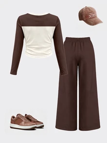 Tween Girls Autumn Casual Fashion Letter 91m Brown Striped Patchwork Ruched Waist Long Sleeve T-Shirt & Wide Leg Pants Set - Multicolor - View 2