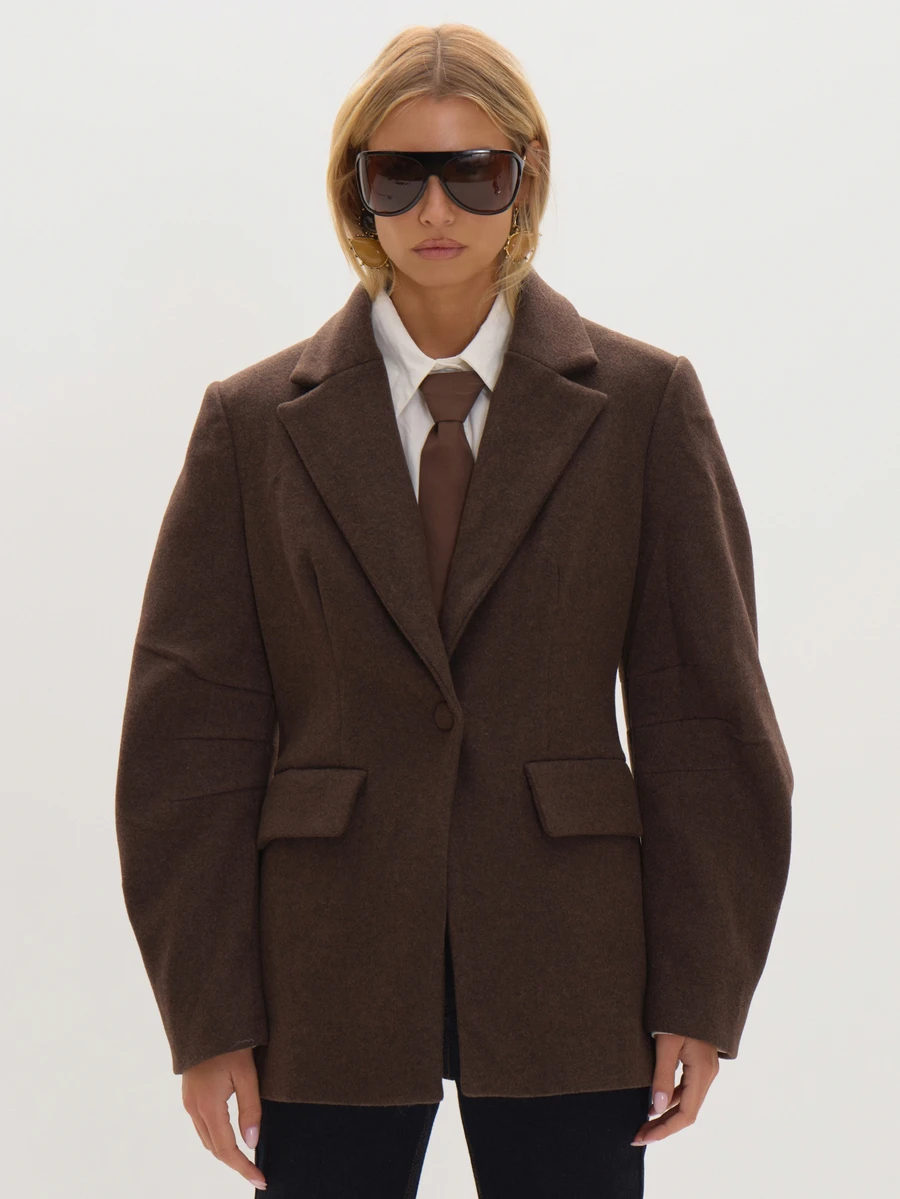 MUSEYN Brown Thick Structured Whool Barrel Sleeve Blazer Versatile Everyday Casual Chic Date Night New Season Fall - Coffee Brown - View 1