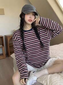 DAZY 女款休閒條紋寬鬆長袖圓領T恤，秋季Y2K風 - 藏蓝色 - 查看 5