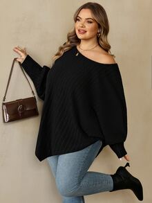 SHEIN CURVE+ Plus Size Women Asymmetrical Hem Batwing Sleeve Solid Color Oblique Shoulder Loose Casual Top - Green - View 6