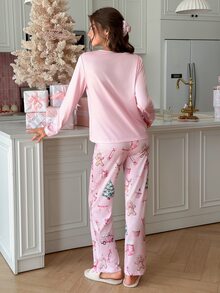 SweetSlumber Women's Letter & Cartoon Print Long Sleeve Top And Pants Casual Daily Home Sleepwear Set - Multicolor - View 4