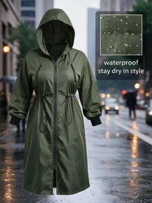 Easura Plus Size Cinched Waist Zipper Pocket Hooded Jacket - Army Green - View 4