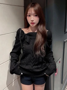 FRIFUL 女款純色露肩打結設計長袖針織衫，秋季日常上學穿搭，黑色復古優雅風，適合萬聖節、晚餐約會之夜 - 黑色 - 查看 6