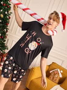 Notgurli Christmas Cute Cartoon Santa Claus Print Letter T-Shirt And Shorts Men's Pajama Set - Multicolor - View 1