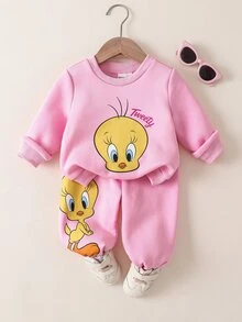 LOONEY TUNES X SHEIN Baby Girl Round Neck Contrast Color Cartoon Print Long Sleeve Sweatshirt And Matching Casual Sweatpants Set - Pink - View 2