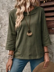 EMERY ROSE Ladies' Simple Solid Color Long Sleeve Linen Casual Shirt,Long Sleeve Tops - Army Green - View 4