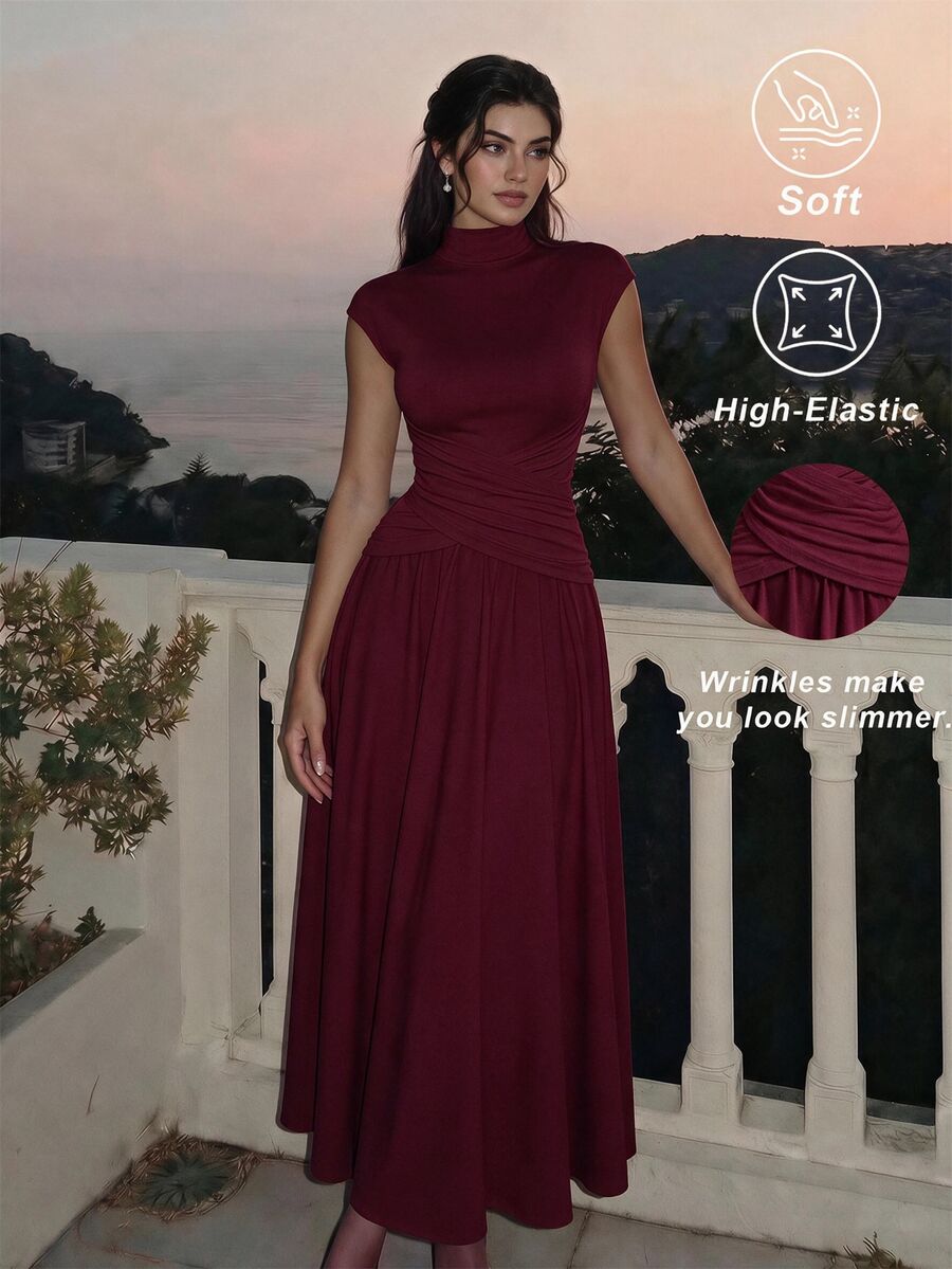 SHEIN MOD 優雅女款奶油色高領長洋裝,抓褶腰部設計、小飛袖、A字版型,茶長正式禮服,排練晚餐洋裝 - 酒紅色 - 查看 1