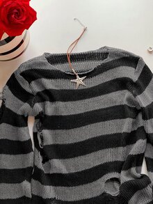 SHEIN EZwear 條紋破洞設計針織毛衣，長袖上衣，秋冬款 - 黑色 - 查看 4