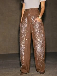 Anewsta Quần jean denim nữ phong cách đường phố cạp đôi đính nút và đá rhinestone - màu nâu - Xem 1